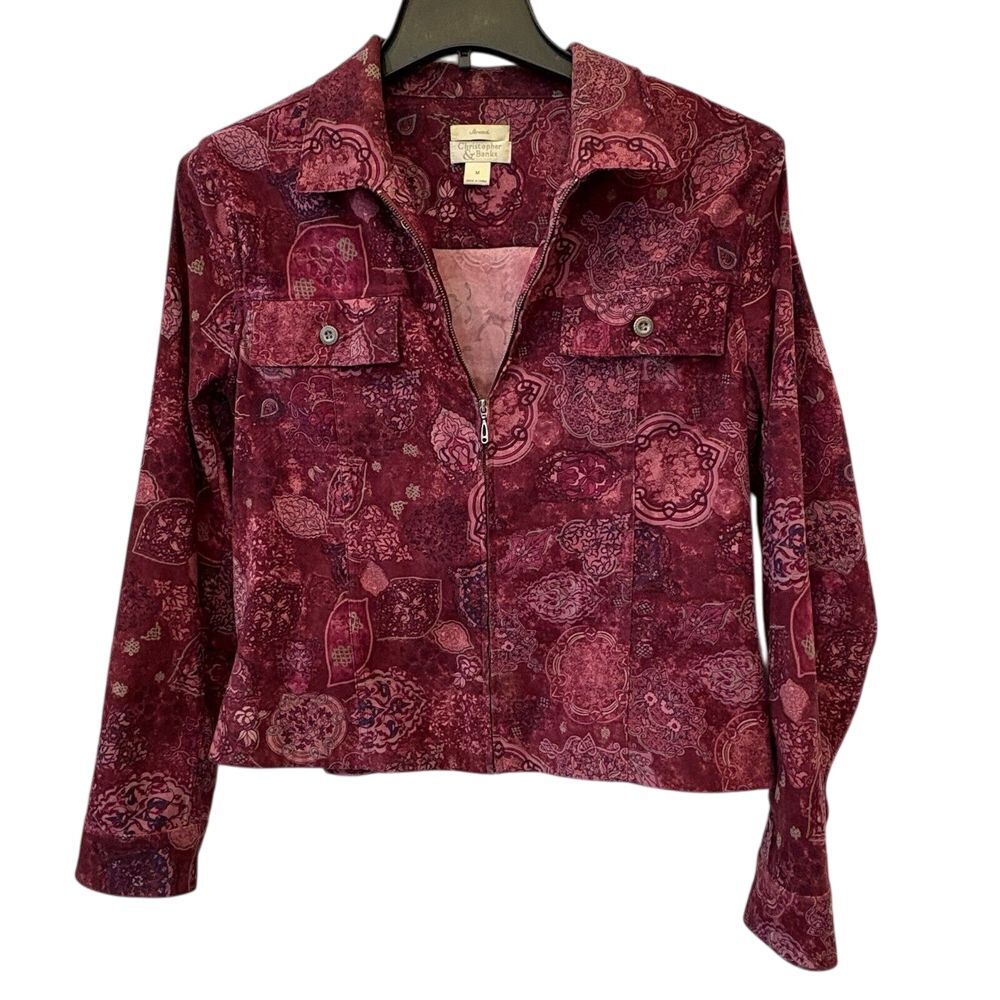EUC Christopher & Banks Burgundy Pink Paisley Zip Front Jacket‎ Women's SZ Large